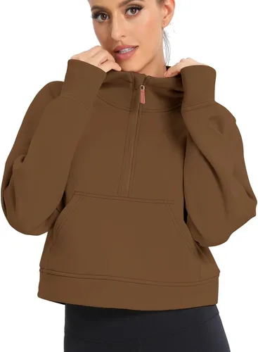 Vista 6 de POGTMM Sudadera corta con media cremallera para mujer, con forro polar, con cremallera de un cuarto, sudadera atlética de moda, trajes de invierno