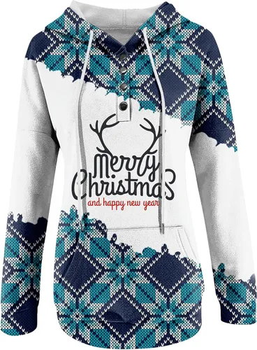 Vista 3 de Sudadera de gran tamaño para mujer, sudadera con capucha y bolsillo de retazos de Navidad con estampado de Navidad