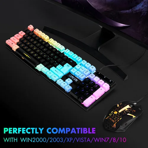 Vista 6 de CHONCHOW Combo de teclado y mouse para juegos, cable USB de 104 teclas de tamaño completo, micrófono de teclado iluminado de 3600 DPI, sensación