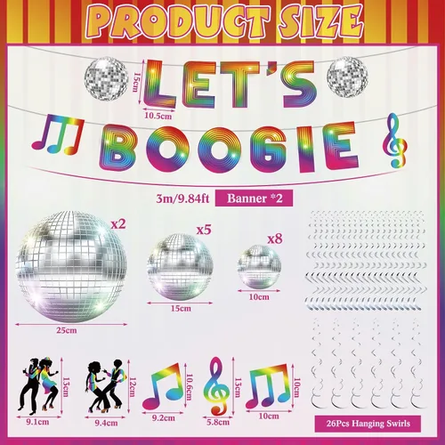 Vista 2 de Tiamon 48 piezas de decoraciones de fiesta de discoteca Lets Boogie Banner de los años 70 con remolinos colgantes de fiesta temática de los años 70