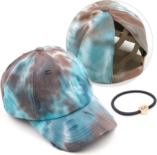 Vista 19 de C.C Gorra de béisbol de malla con diseño de estrella brillante, gorra de camionero ajustable para moño o cola de caballo Una banda elástica-negro