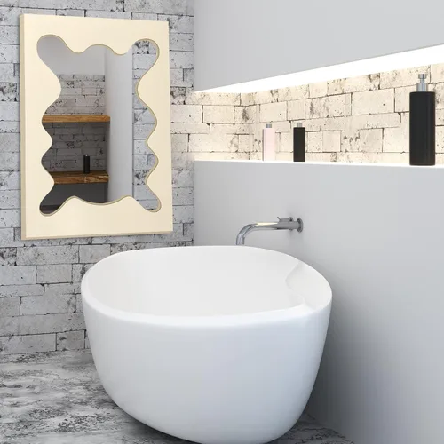 Vista 7 de Espejo de pared irregular asimétrico de 40 x 26 pulgadas, espejo decorativo con marco de madera para sala de estar, dormitorio, baño, entrada sobre
