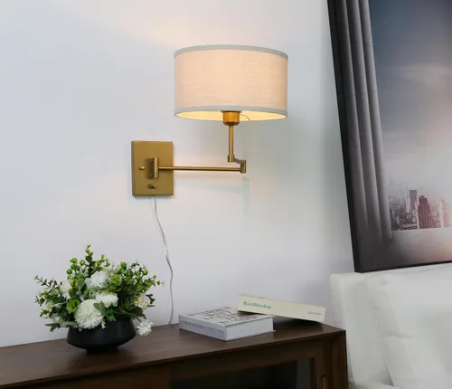 Vista 3 de Aplique de pared de tela textil de lino vintage Swing Arm, Adjustable, with on/Off Switch, Brass Gold Wall Mounted Lamp, Reading Light Fixture for