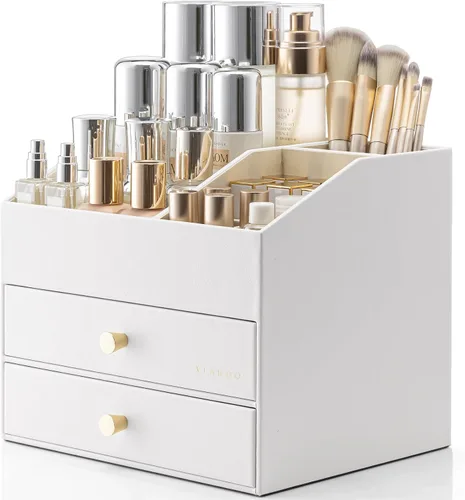 Vista 16 de Organizador de maquillaje Vlando, organizador para el cuidado de la piel para tocador, organizador de maquillaje de PU con cajones, estuche
