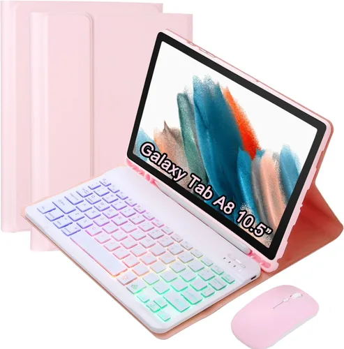 Vista 9 de Funda de teclado con mouse para Samsung Galaxy Tab A8 de 10.5 pulgadas 2022 (SM-X200/X205/X207), teclado ligero desmontable retroiluminado, funda