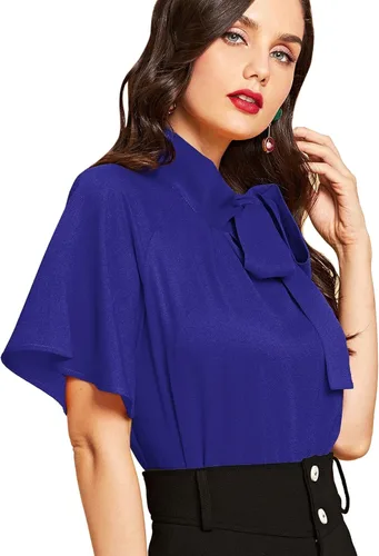 Vista 2 de SheIn - Blusa de manga corta para mujer estilo casual con corbatín lateral en el cuello