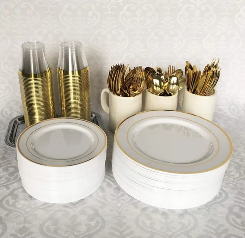Vista 5 de Juego de cubiertos de plástico dorado de 120 piezas, reutilizables y reciclables, utensilios de plástico dorado para bodas, aniversarios, duchas