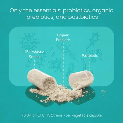 Vista 5 de NaturaLife Labs Probióticos 70 mil millones de CFU – 15 cepas con prebiótico y postbiótico orgánico – Fórmula 3 en 1 – 30 cápsulas veganas