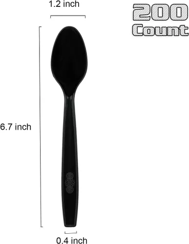 Vista 2 de 200 Count Black Plastic Spoons, Heavy Weight Disposable Spoons Cutlery Plastic Utensils, Black Plastic Silverware Bulk