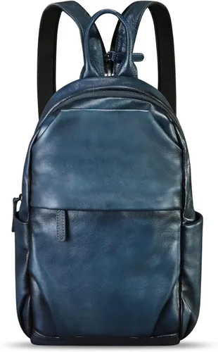 Vista 2 de Bolso de cuero genuino para hombres y mujeres, mochila grande tipo bandolera para iPad Pro de 12.9 pulgadas, Azul marino, Mediana