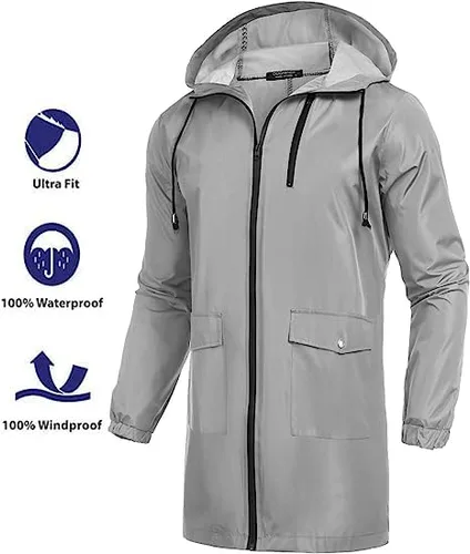 Vista 2 de COOFANDY Chubasquero largo para hombre, chaqueta impermeable para exteriores, con capucha