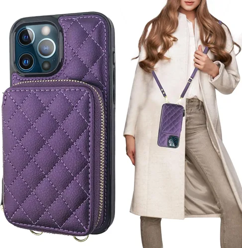 Vista 13 de Bocasal Funda tipo cartera cruzada para iPhone 13 Pro Max, bloqueo RFID de cuero PU con cremallera, bolso cartera con tapa plegable, funda tipo Beige
