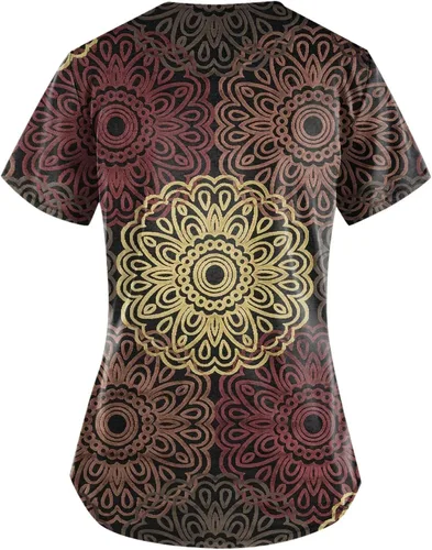 Vista 2 de Camiseta para mujer, cuello en V, manga corta, ajuste delgado, estampado personalizado, uniforme de trabajo con bolsillo