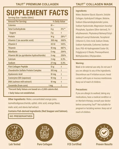 Vista 7 de TAUT Bebida y mascarilla de colágeno marino – 13,000 mg de proteína de colágeno hidrolizada con ácido hialurónico para piel joven y radiante