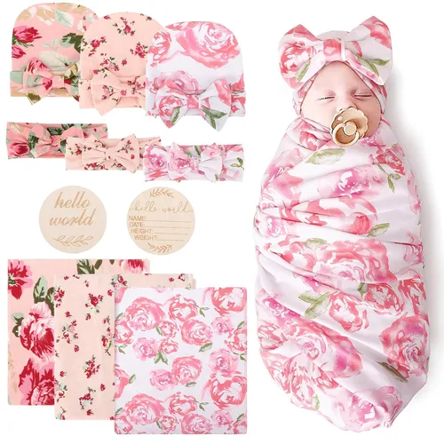 Vista 12 de DRESHOW BQUBO Manta de Recepción para Recién Nacido con Conjunto de Gorro con Lazo Estampado de Flores Manta Envolvente para Bebé con Gorro