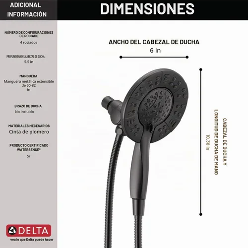 Vista 5 de Delta In2ition - Cabezal de ducha doble 2 en 1 de 4 ajustes con rociador de mano, cabezal de ducha desmontable negro mate con manguera, cabezal
