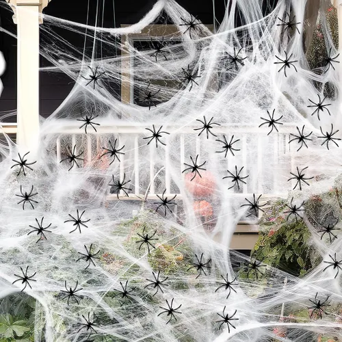 Vista 9 de Telarañas de 900 pies cuadrados para decoración de Halloween con 100 arañas falsas, telarañas súper elásticas para decoraciones de Halloween