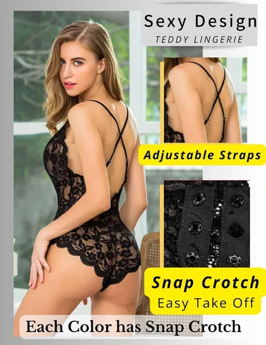 Vista 3 de Avidlove - Body de encaje sexy, lencería de una pieza para mujer, con escote en V profundo