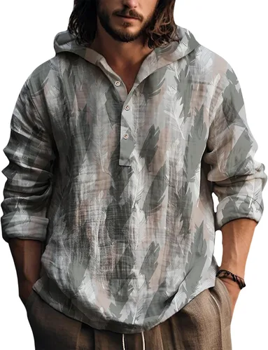 Vista 12 de Sudadera con capucha para hombre, con estampado de plumas, manga larga, 3 botones, a la moda, casual, para otoño, cómoda y suave