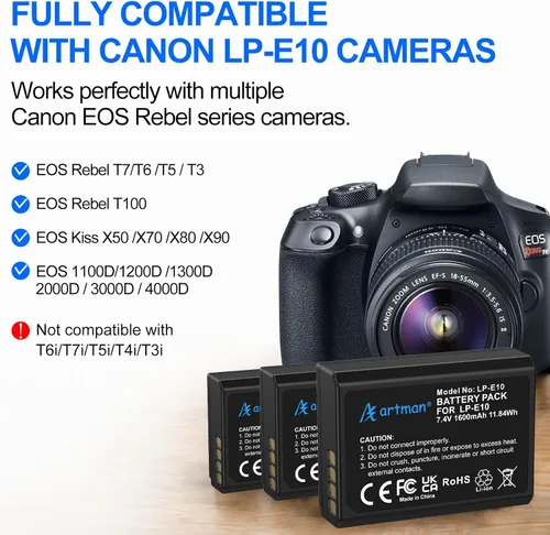Vista 3 de Artman LP-E10 - Paquete de 3 baterías de 1600 mAh y cargador LCD de 3 ranuras para Canon LP E10, EOS Rebel T7 T6 T5 T3 T100, Kiss X50 X70 X70 X80