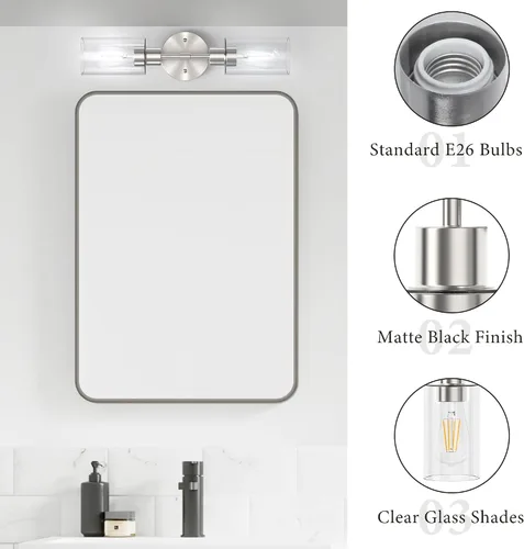 Vista 6 de Accesorios de Iluminación de Baño 2 Luces Níquel Cepillado, Luces de Tocador de Baño Sobre Espejo, Apliques de Pared de Iluminación de Baño, Luz
