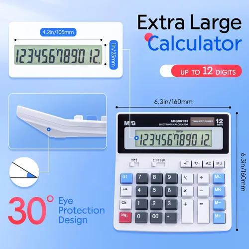 Vista 5 de M&G Calculadora de escritorio de 12 dígitos con pantalla LCD extra grande, doble alimentación solar y batería, calculadora contable con botón