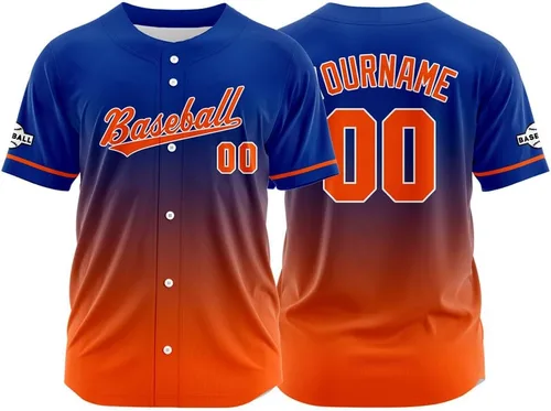 Vista 40 de Camiseta de béisbol con degradado personalizado, nombre, número y logotipo personalizados para hombres, mujeres y niños