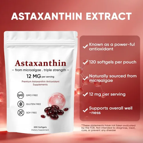Vista 4 de Astaxantina 12 mg, suplementos antioxidantes de astaxantina premium, apoya los ojos, la piel, el sistema inmunológico, las articulaciones