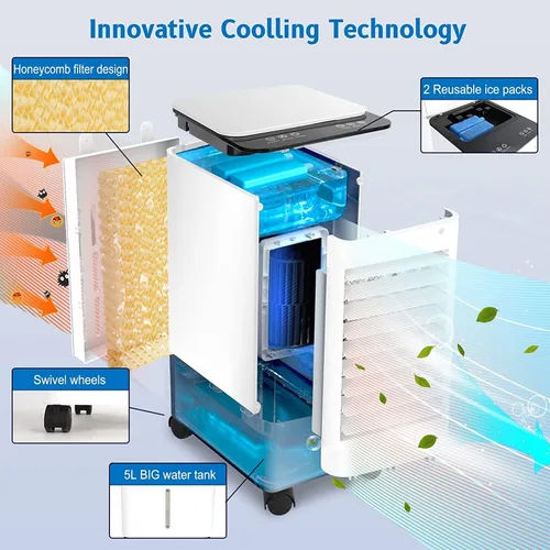 Vista 3 de Enfriador de aire evaporativo, aire acondicionado portátil 3 en 1 sin ventanas, enfriador de pantano de oscilación y humidificación, incluye