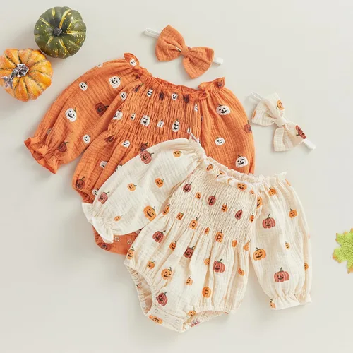 Vista 2 de Traje de Halloween para bebé recién nacida, disfraz de calabaza de manga larga de algodón y lino, enterizo con diadema