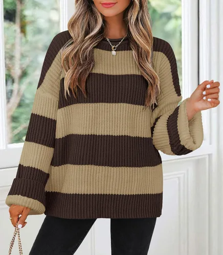 Vista 91 de ZESICA Suéter tejido sin botones de manga larga y cuello redondo, a rayas, bloques de color, cómodo, holgado, talla extragrande para mujer de 2024