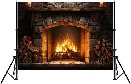 Vista 4 de Telón de fondo de chimenea de Navidad de 5 x 3 pies, pared de piedra vintage con llamas brillantes, fondo de fotografía para fotos familiares