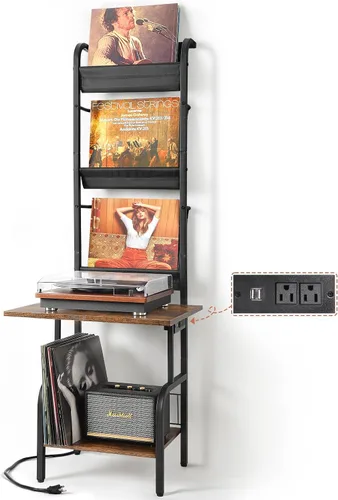 Vista 11 de Soporte para tocadiscos con almacenamiento de vinilos para hasta 200 álbumes, soporte para tocadiscos con estante de exhibición para discos Negro