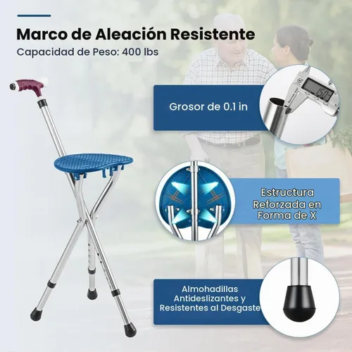Vista 6 de Combo de asiento de caña plegable, capacidad de 400 libras, práctico taburete plegable con muleta, asiento de 3 patas, altura ajustable, resistente