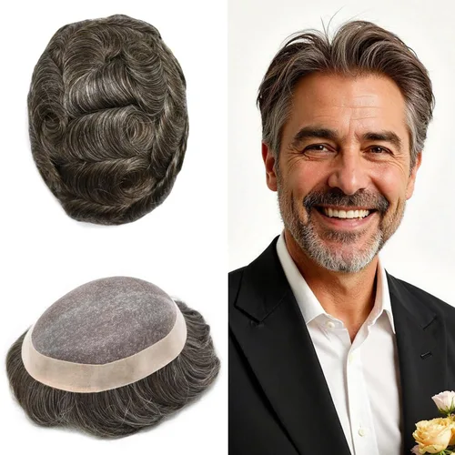Vista 57 de Mens Toupee Hair Piece Real Human Hair Fine Mono Toupee para hombres Sistema de reemplazo de cabello para hombre Postizo Protesis Capilar Para