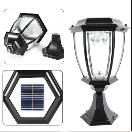 Vista 4 de Lámpara de poste de jardín de 2 piezas de 5 W LED de energía solar para exteriores, impermeable, negro, ahorro de energía para césped, jardín