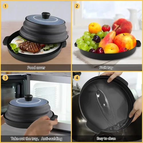 Vista 7 de Cubierta contra salpicaduras de microondas con bandeja de platos, cubierta de silicona para alimentos para microondas con mango antiquemaduras, tapa