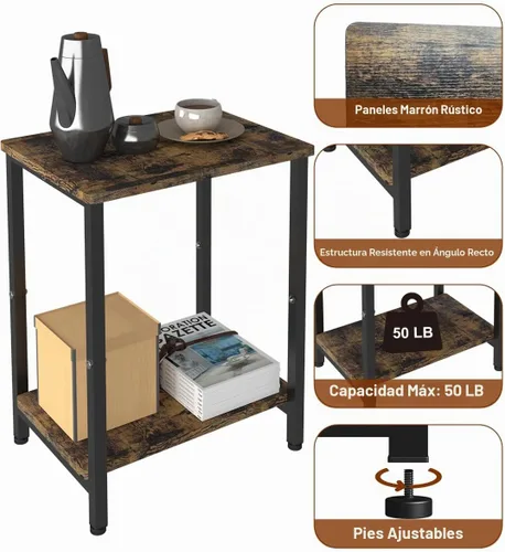 Vista 4 de Mesa auxiliar de 2 niveles, mesa auxiliar resistente con estantes, mesa de noche estrecha para espacios pequeños, mesa de tocadiscos para Negro