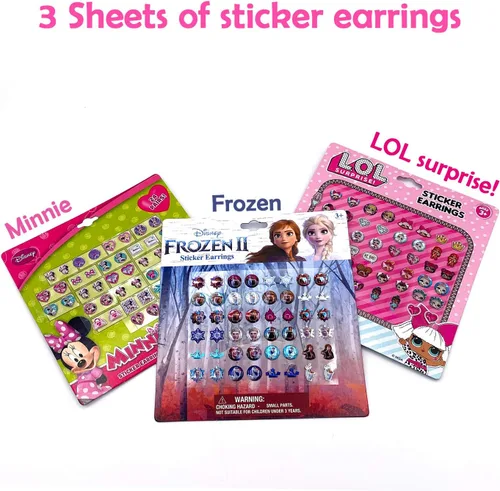 Vista 2 de Granshop Disney Frozen Minnie LOL - Aretes adhesivos de personajes 3D coloridos para niños, 144 piezas