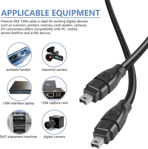 Vista 2 de FireWire Cable de 4 pines a 4 pines iLink DV Cable Firewire 400 IEEE 1394 Cable para portátil a videocámara de 6 pies