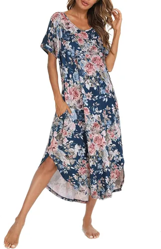 Vista 11 de AVIIER - Camisones de algodón para mujer, ropa de dormir suave con bolsillos, tallas S a XXL Negro Floewer 4
