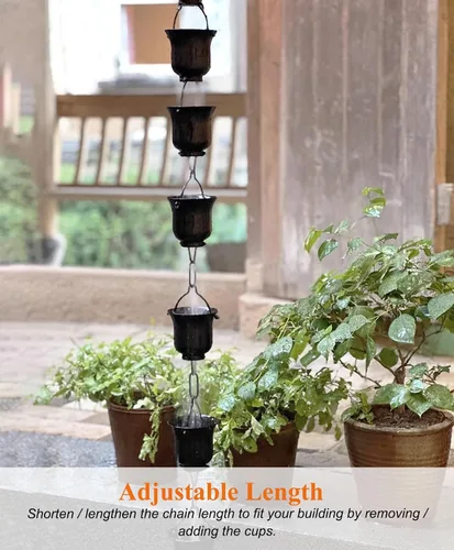 Vista 3 de Rainwater Catcher Rain Chain Rust-Resistant, Aluminum Alloy Cups Rain Catcher for Downspout, Courtyard Garden Sheds Deck Rain Chimes(Black,1m
