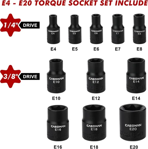 Vista 3 de CASOMAN 11PCS hembra Torx Socket Set, E Torx & Star Socket Set con riel, E4 - E20 Torque Sockets