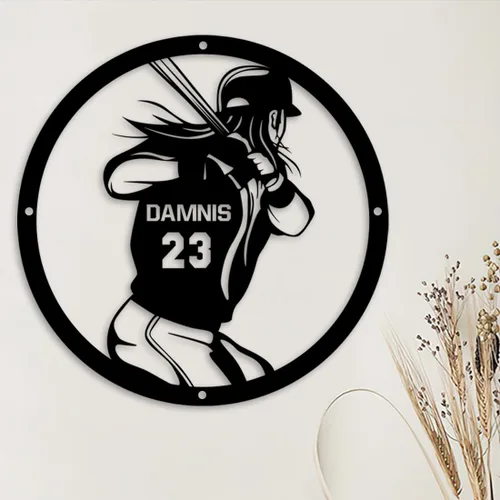Vista 2 de Letrero de metal personalizado para jugador de sóftbol con luz LED, nombre y número personalizado, arte de pared de sóftbol, letrero de neón