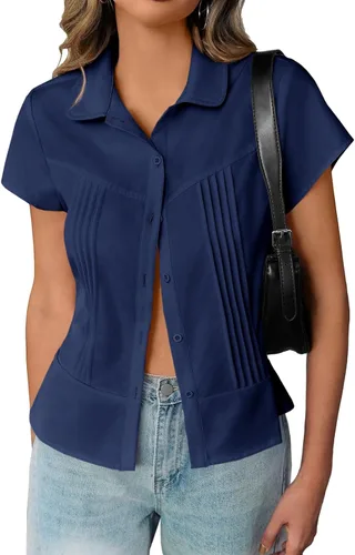 Vista 9 de Cicy Bell Blusas de manga corta con botones para mujer, plisadas, ajuste ceñido, elegantes casuales de verano