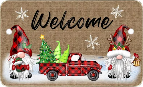Vista 9 de TREWAVE Felpudo Decorativo de Bienvenida Navideño, Tapete de Puerta de Gnomo Navideño a Cuadros Buffalo, Alfombra de Entrada Antideslizante, 29 x 17