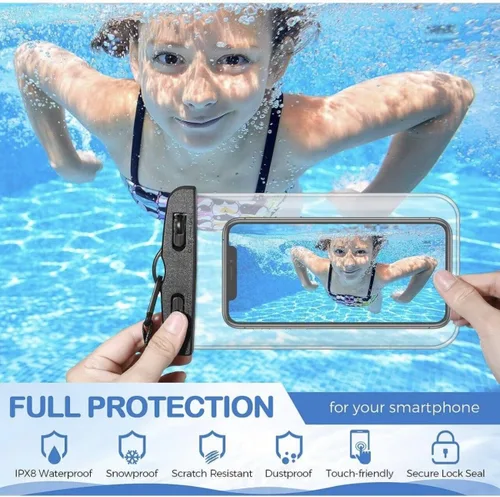 Vista 4 de Baiao Bolsa impermeable para teléfono, funda impermeable de 8.3 pulgadas para iPhone 16, 15, 14, 13 Pro Max, IPX8, bolsa seca para teléfono celular