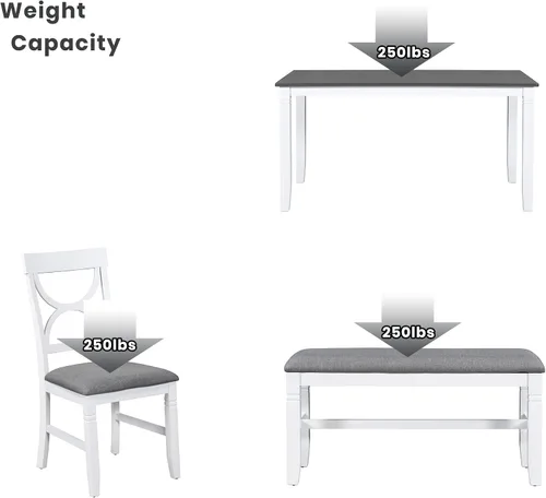 Vista 226 de Juego de mesa de comedor vintage de 6 piezas, juego de mesa de comedor de cocina de madera maciza con 4 sillas ergonómicas acolchadas y banco, mesa