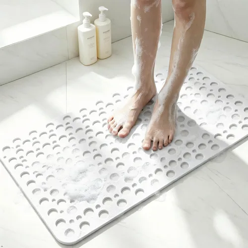 Vista 8 de Tiamo Tapete TPE para bañera y ducha, tapete grande de 35 x 16 pulgadas, antideslizante, lavable a máquina con agujeros de drenaje, ventosas