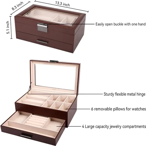 Vista 4 de LANDICI Caja de reloj para hombres y mujeres, 2 capas de piel sintética, organizador de relojes, caja de almacenamiento grande, caja de joyería